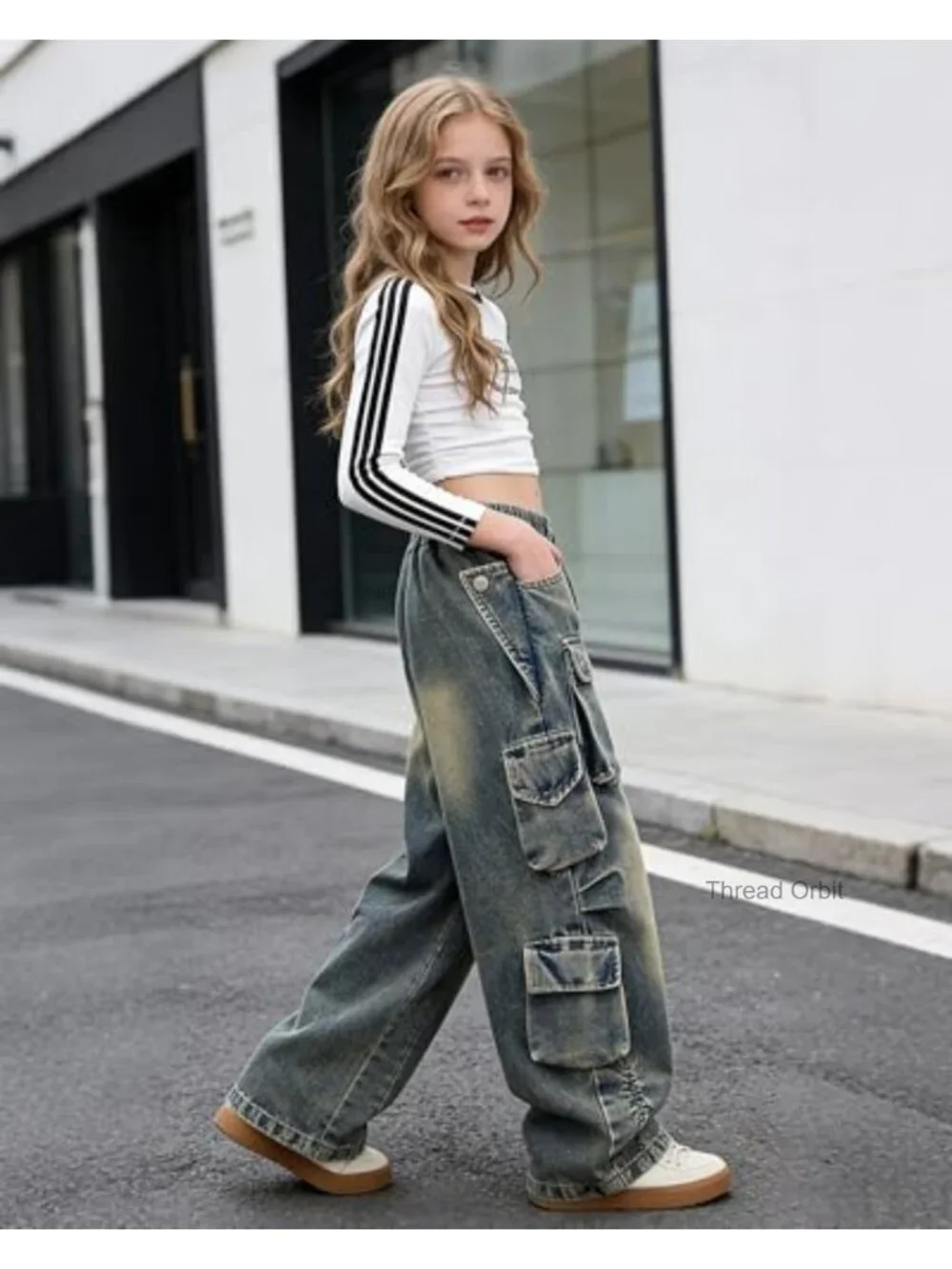 Girls Baggy Cargo Jeans High Waisted Wide Leg Y2K Denim Pants with Pockets